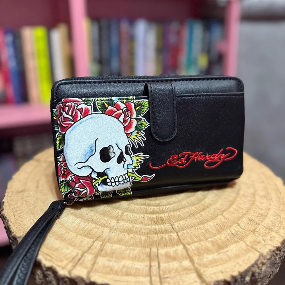 Ed Hardy | Bags | Ed Hardy Black Wallet With Skull And Floral